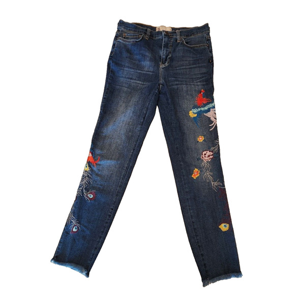 Free People Denim - Free People Embroidered Bird Raw Hem Skinny Jeans Sz 28 Peacock Floral